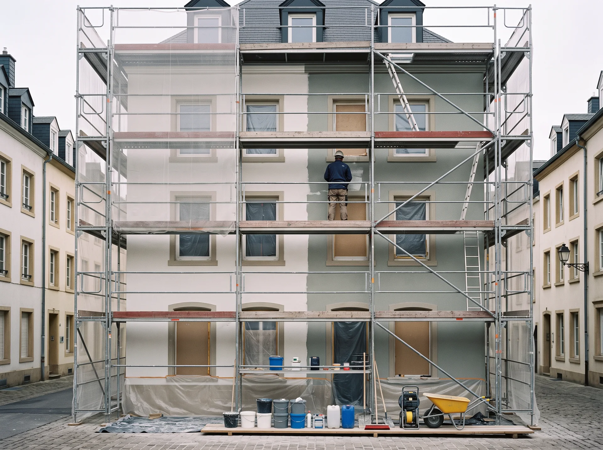 Échafaudage et protections autour d’une façade en chantier